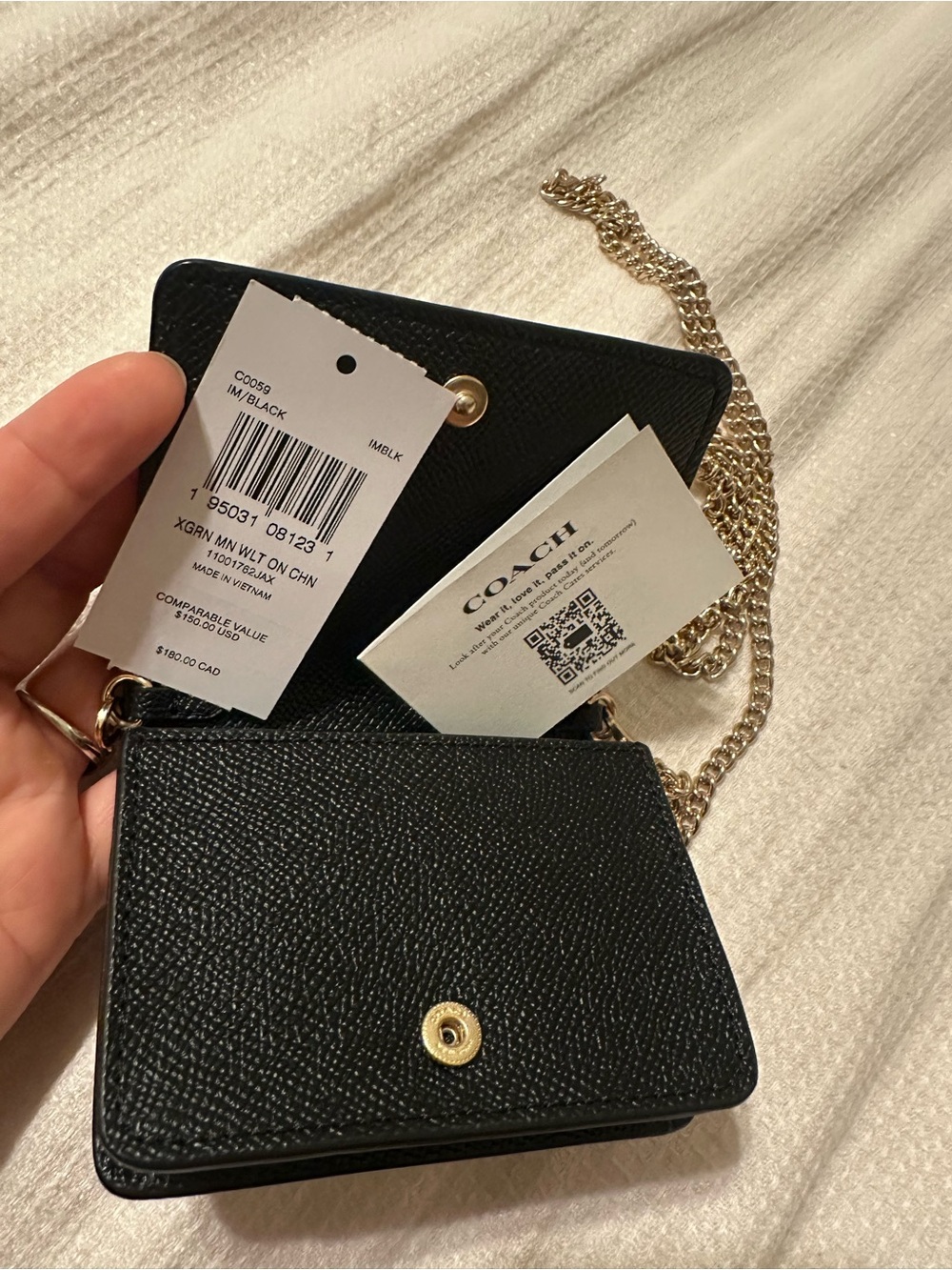 Coach Black Pebbled Leather Mini Crossbody Wallet with Gold Chain